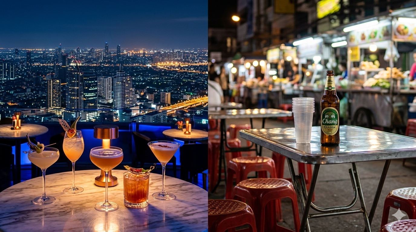 Luxury rooftop bar versus street bar price comparison