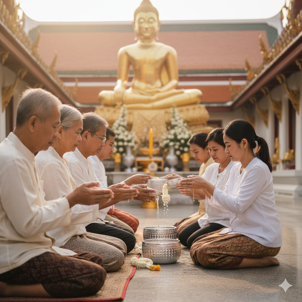 Traditional Songkran water blessing ceremony at Thai temple